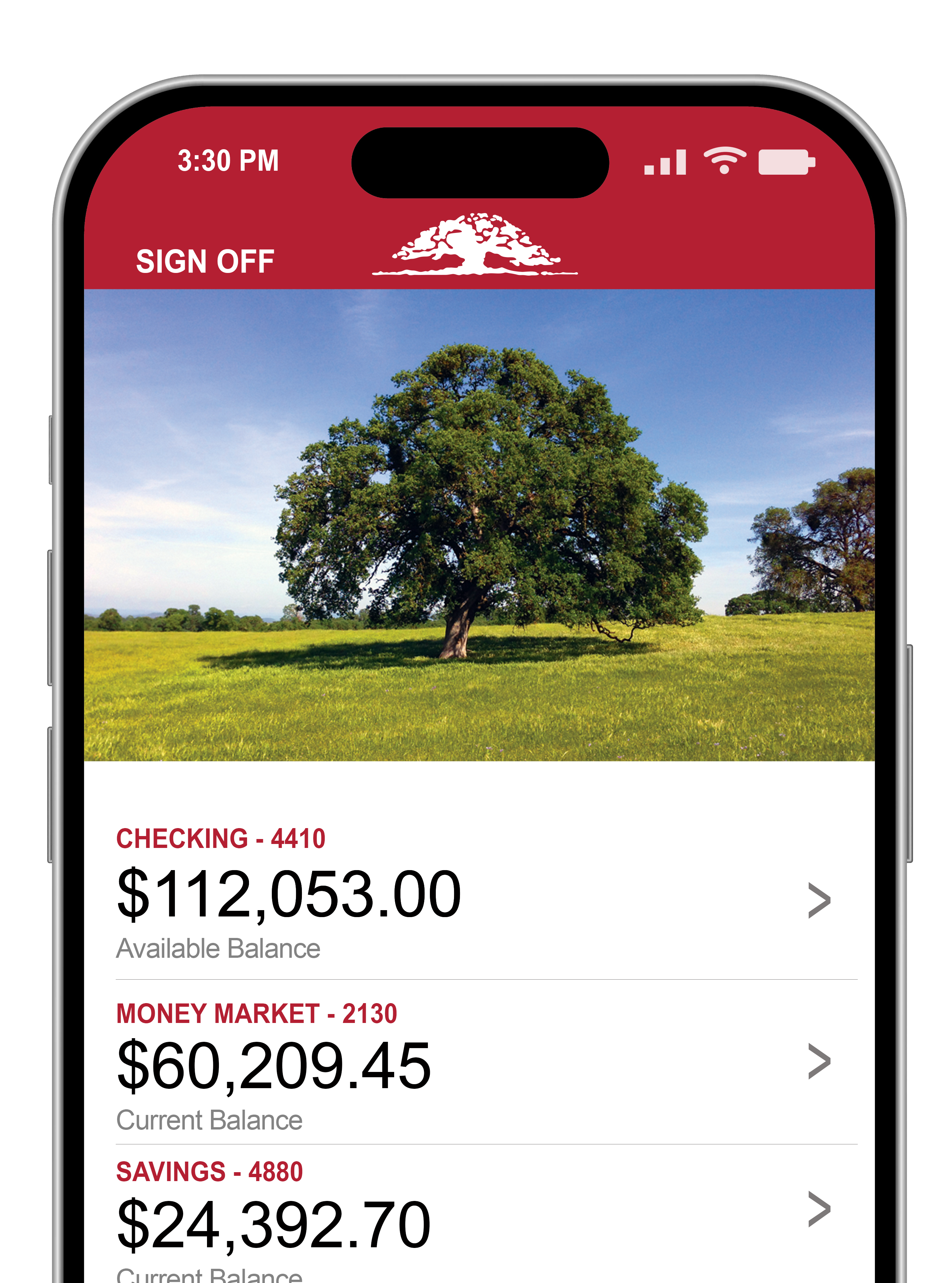 An iPhone showing an example screen of Oak Valley Community Bank's mobile banking dashboard
