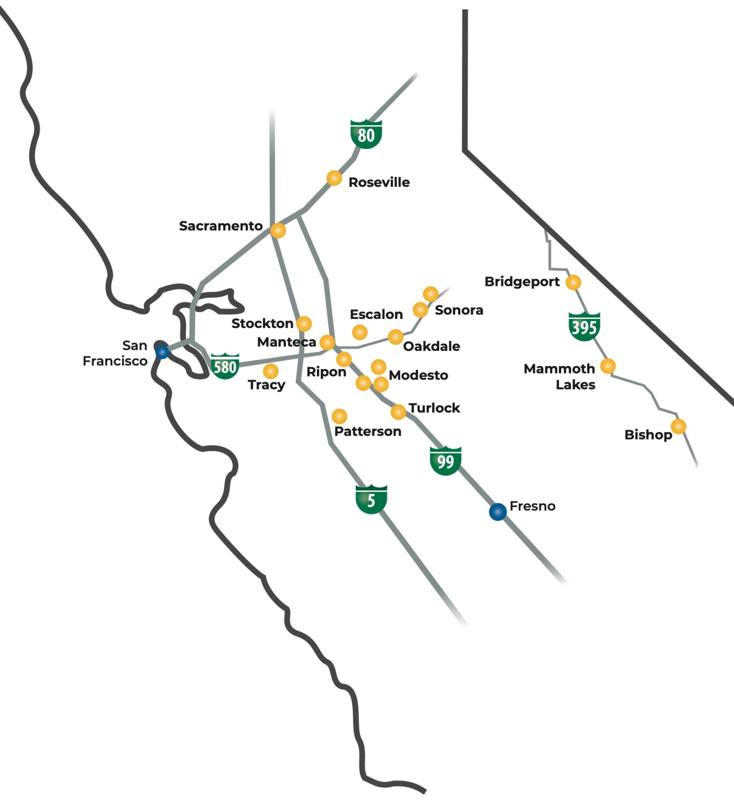 map of branch locations for Oak Valley and Eastern Sierra Community Bank