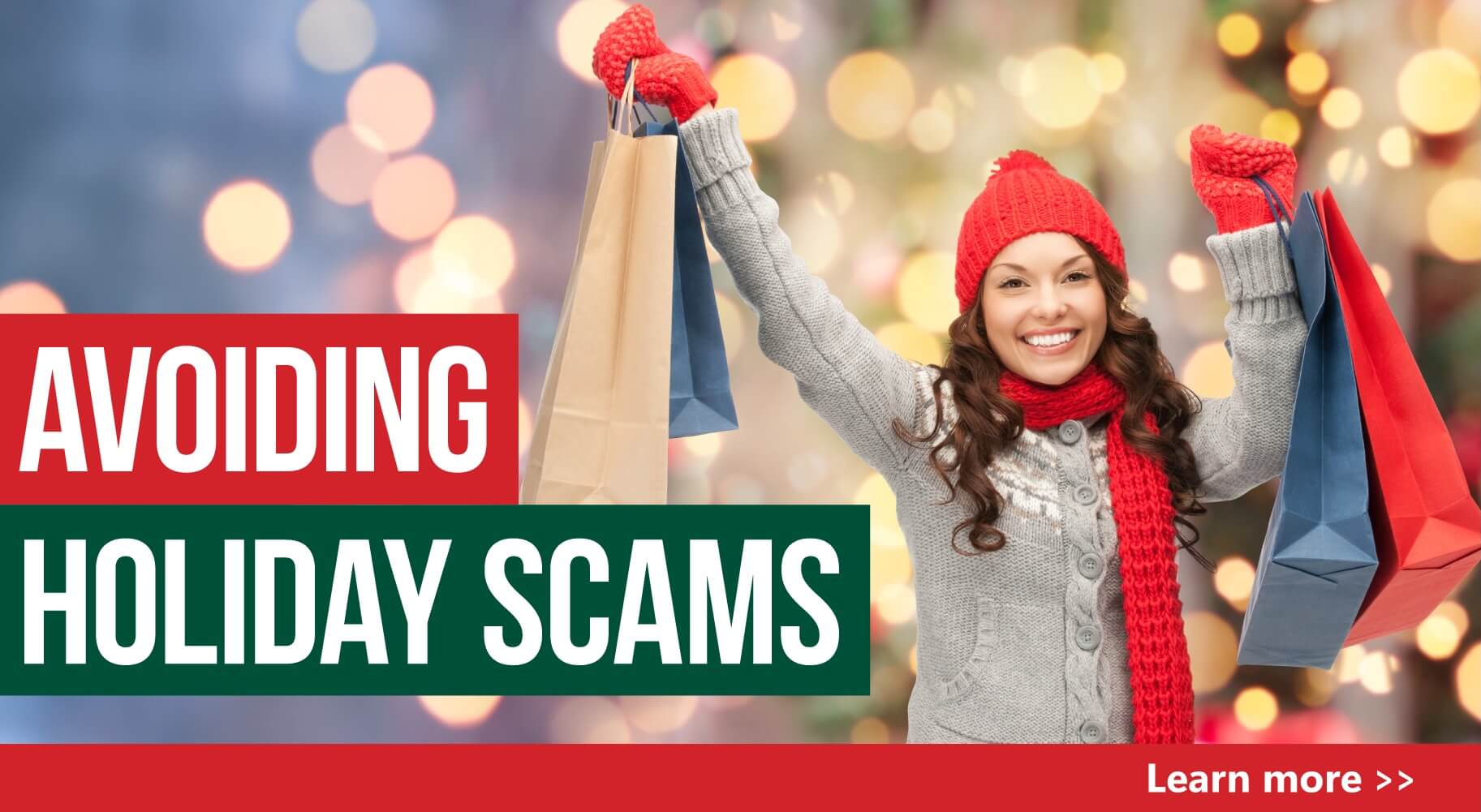 Smiling woman, holding up shopping bags during Christmas