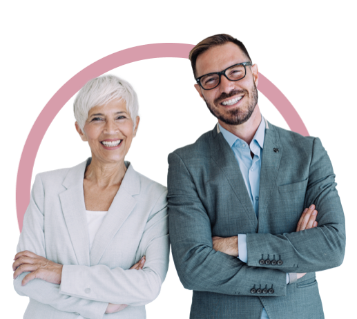 A business man and woman smiling with arms folded