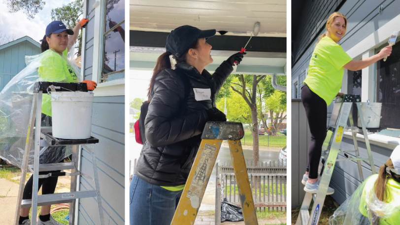 3 employees from Oak Valley Community Bank volunteering with Habitat For Humanity