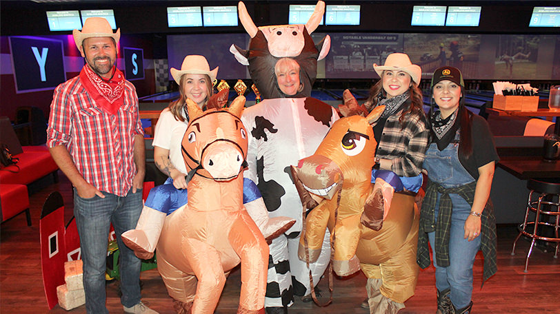 Several Oak Valley Community Bank employees dressed up in western wear for United Way's annual Bowl-a-thon Fundraiser