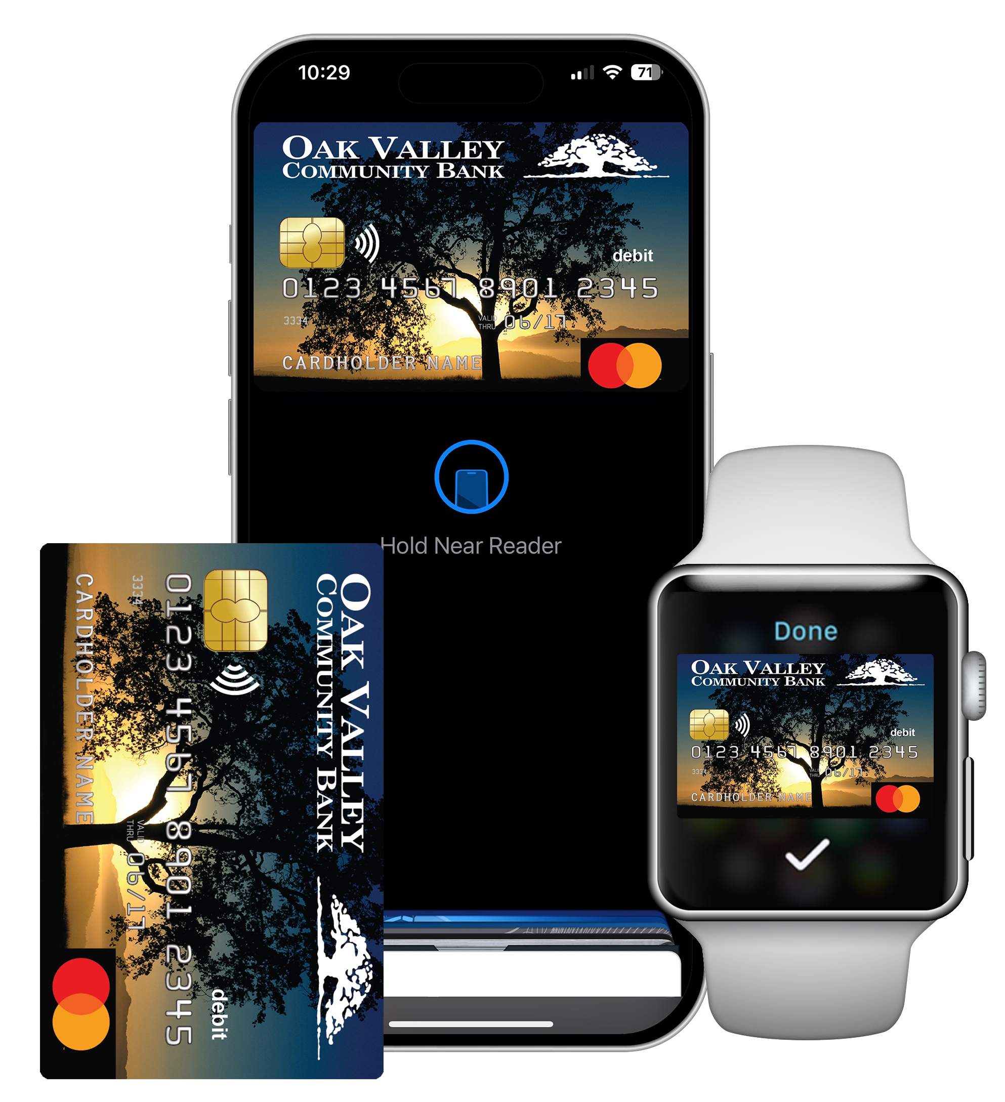 Oak Valley Community Bank debit card shown on different apple devices to use with Apple Pay