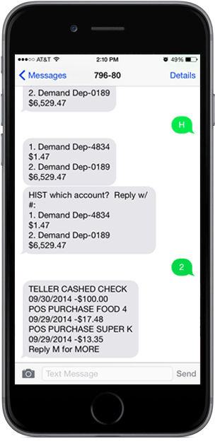 Example of text banking on an iPhone