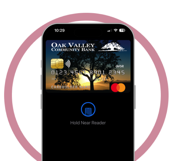 iPhone showing an Oak Valley Community Bank debit card available to use with Apple Pay