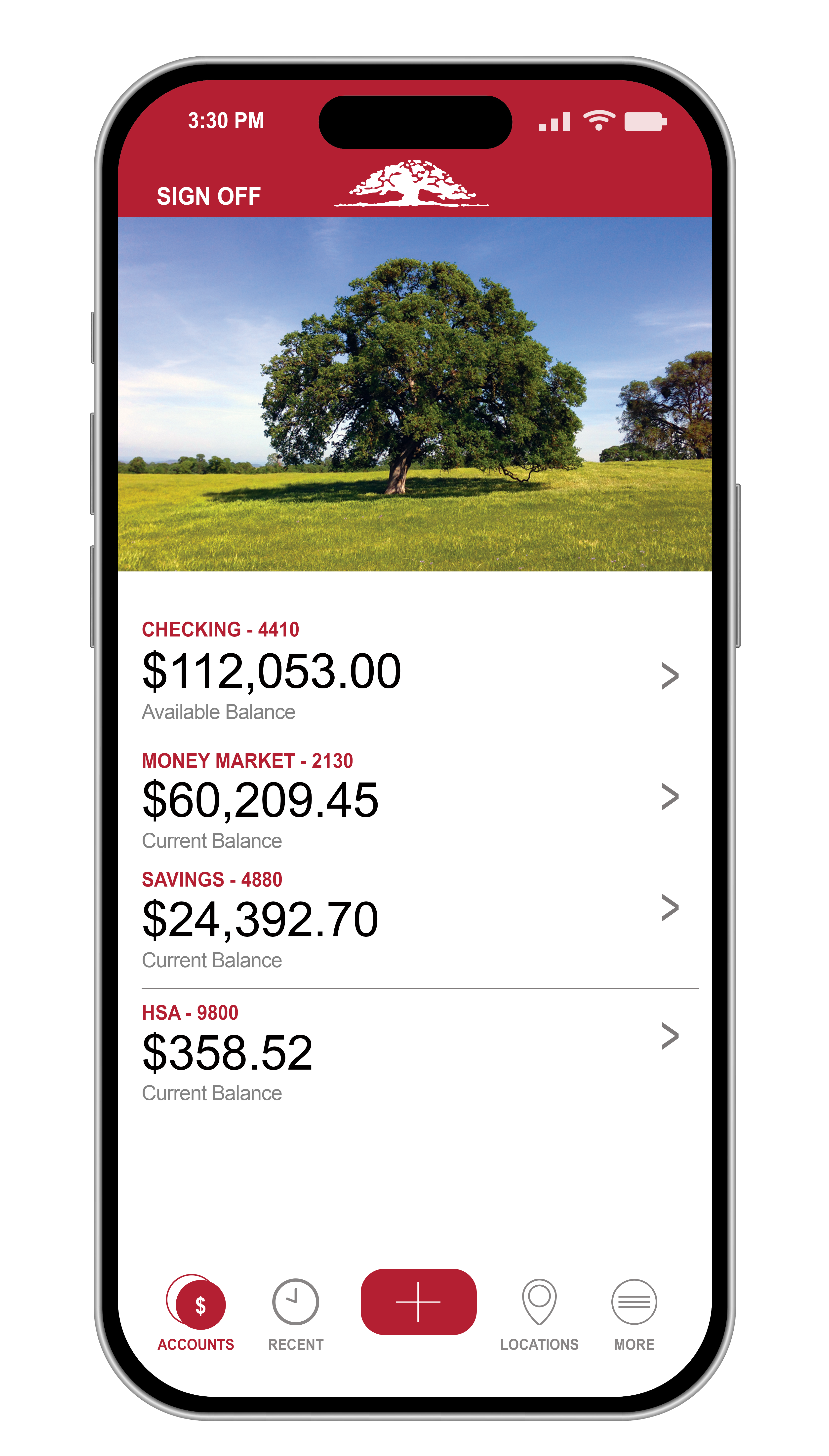 An iPhone showing an example screen of Oak Valley Community Bank's mobile banking dashboard (mobile version)