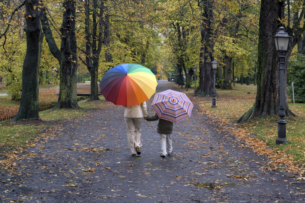 A parent with a child walking in the park holding umbrellas