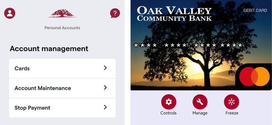 OVCB Mobile App screen showing debit card management options including controls, card management, and freeze settings.