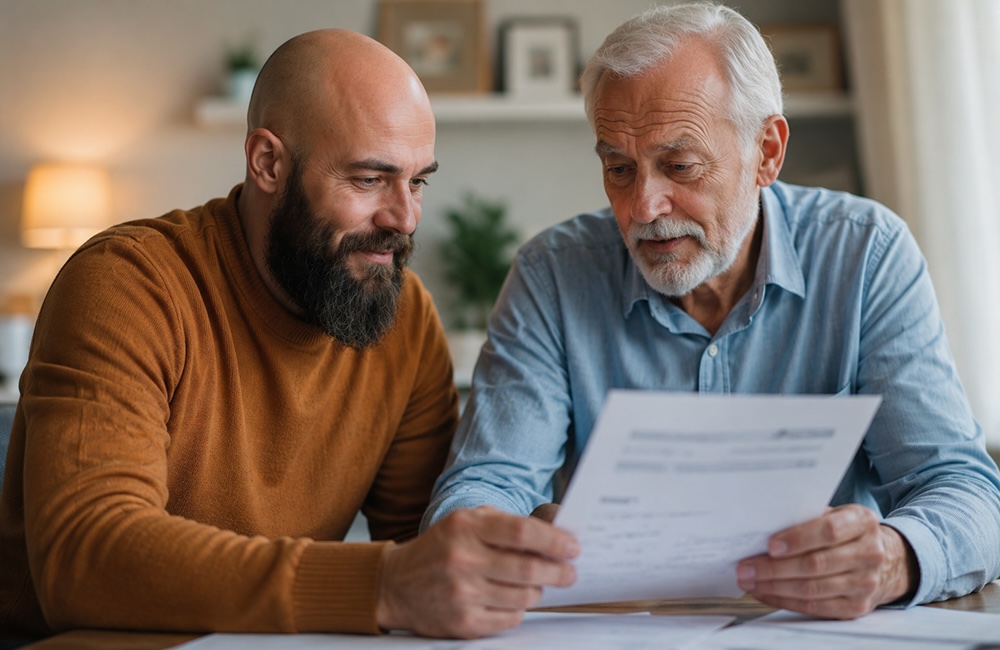 Adult son and older father reviewing a document together at a table in their home.