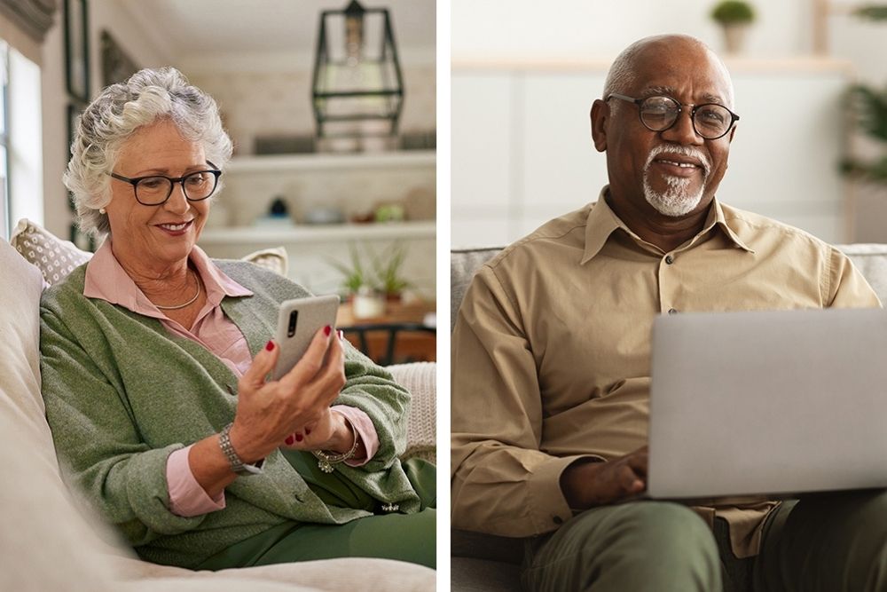 Older woman using a smartphone and older man using a laptop while sitting comfortably at home.