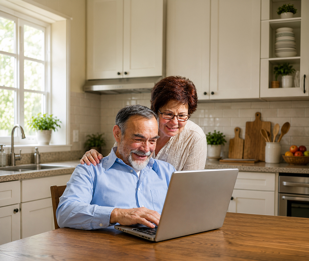 Older couple using a laptop together at their kitchen table while reviewing information online.