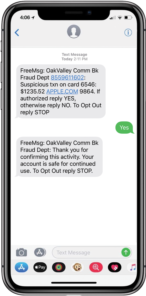 Example of a fraud alert message on an iPhone